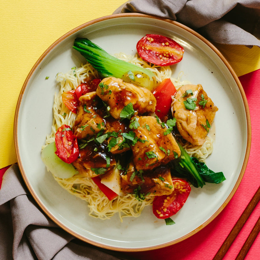 Black Pepper Tofu with Baby Bok Choy, Oven Roasted Tomatoes, Coriander & Wonton Noodles