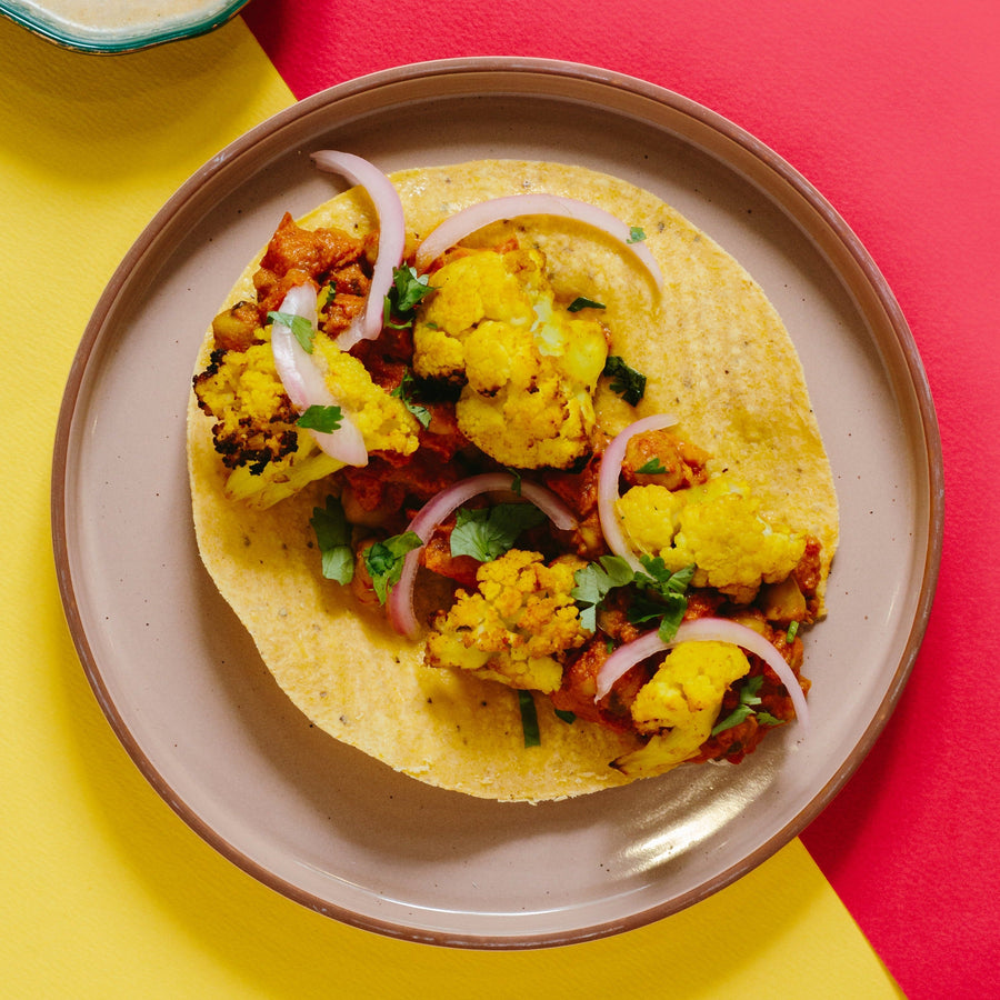 Bombay Burrito with Curried Cauliflower, Spiced Chic Peas, Coconut Chutney & Pickled Onions