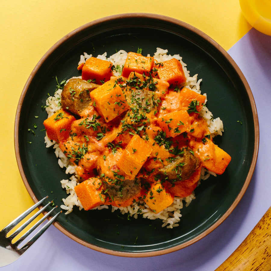 Brazilian Pumpkin & Roasted Pepper Stew with Coconut, Jalapeno & Brown Rice