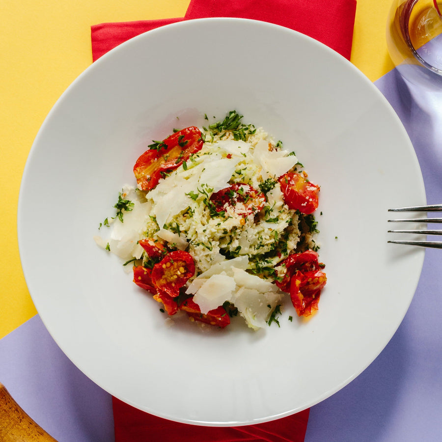 Broccolini & Tomato Spaghetti with Pangrattato, Pecorino & Oven Roasted Tomatoes