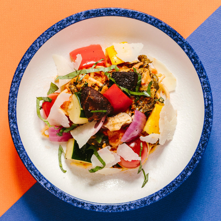 Whole Wheat Spaghetti with Tuscan Tomato Sauce & Mixed Roasted Vegetables
