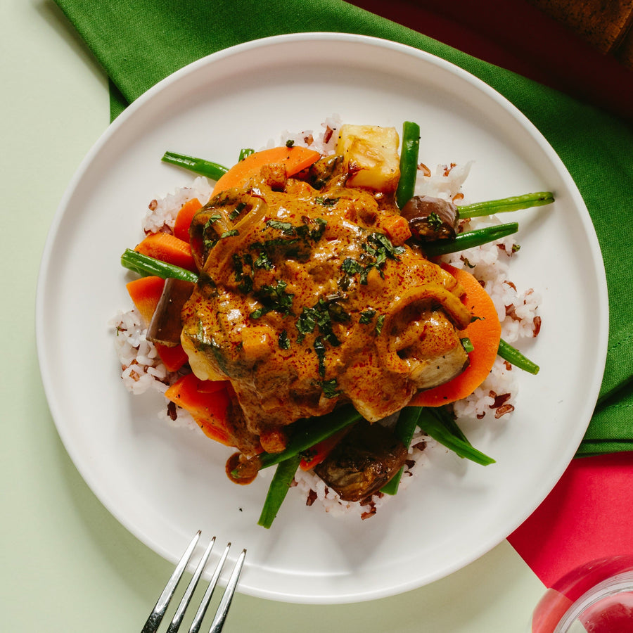 Eggplant Massaman Curry with Roasted Potatoes, Green Beans & Carrots (Jasmine Rice)