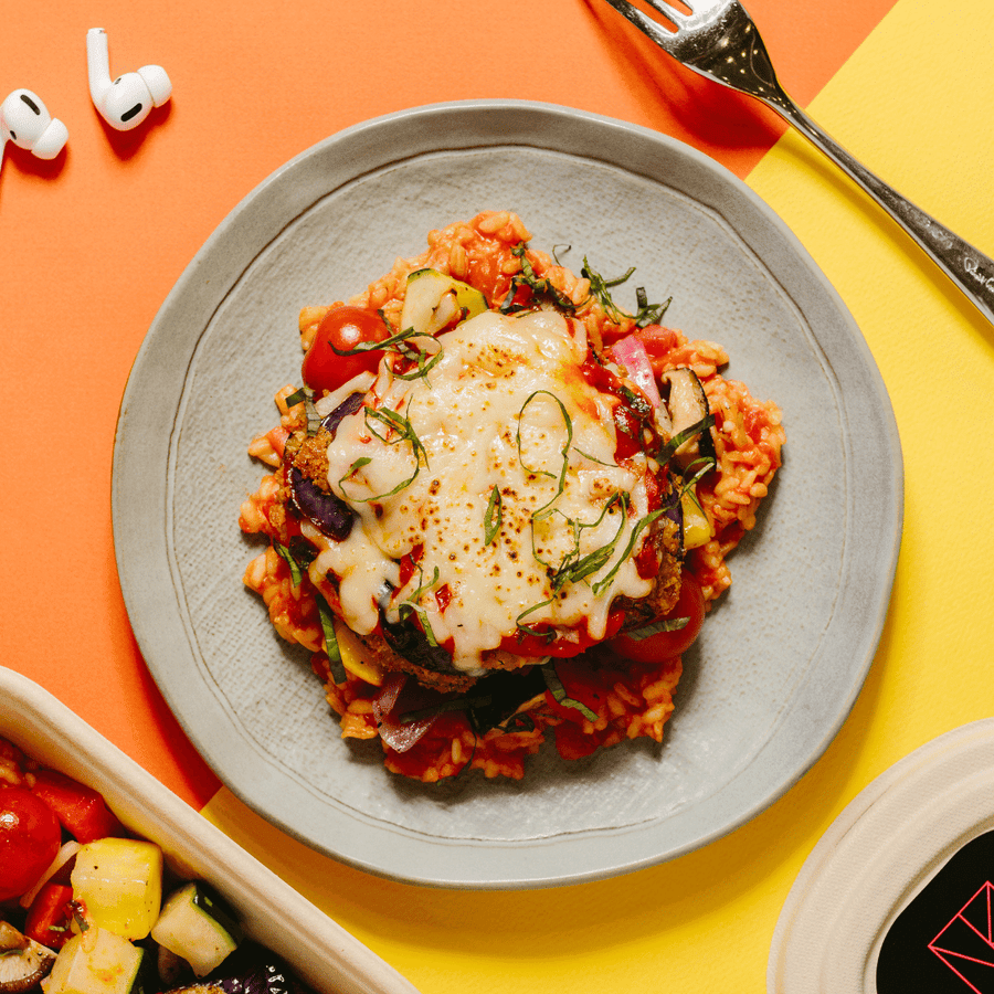 Eggplant Parmesan with Mixed Roasted Vegetables & Tomato Risotto