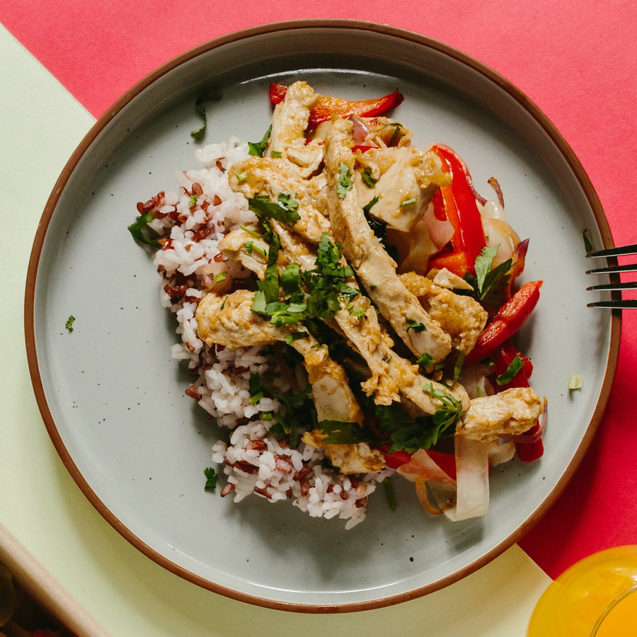 Ginger & Garlic Marinated Positively Plant Meet Strips with Shredded Cabbage, Red Peppers & Choy Sum