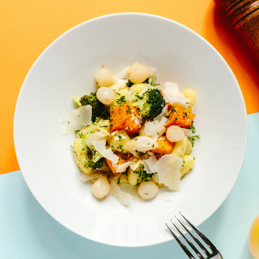 Gnocchi & Roasted Kabocha Squash with Braised Pearl Onions, Broccoli, Sage Brown Butter & Parmesan