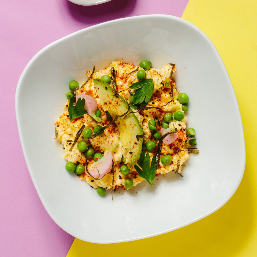 Japanese Breakfast Bowl & Scrambled Eggs with Pickled Radish, Avocado, Nori Edamame & Shizo Pesto