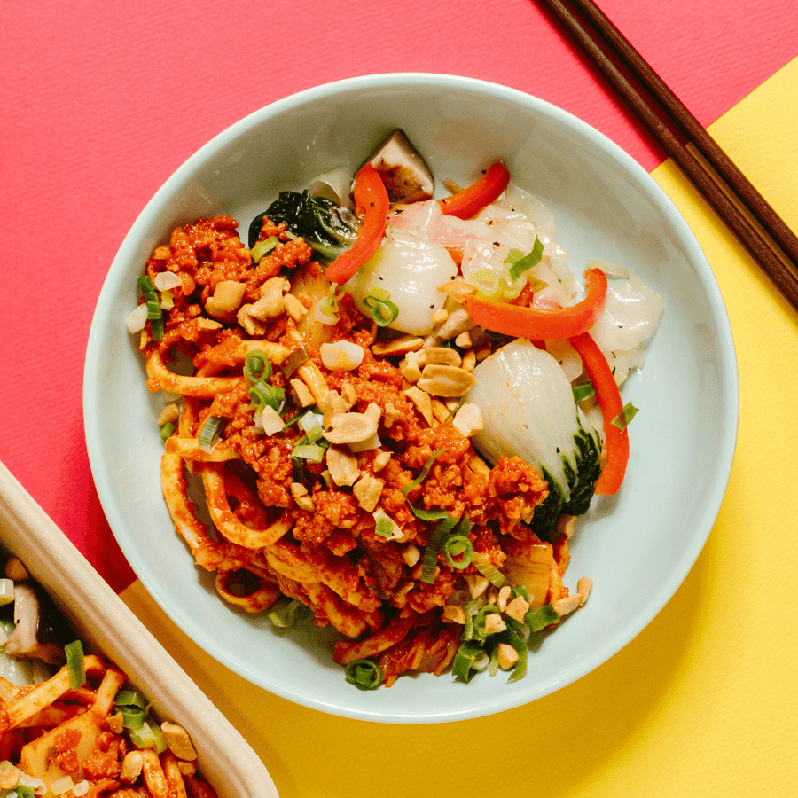 Kimchi Udon Noodle Bowl with Omnipork & Mixed Local Vegetables