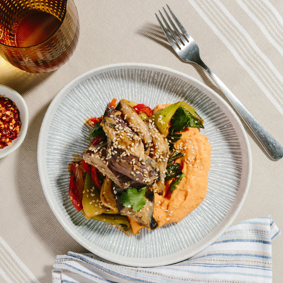 Miso Roasted Eggplant with Garlic & Chili Bok Choy, Carrot & Ginger Mash