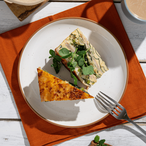 Turkey Pastrami Garden Frittata with Roasted Fennel, Green Peas, Spinach, Dill & Ricotta